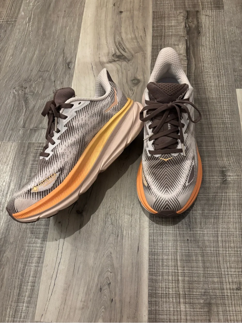 Hoka Women's Running Shoes - Taupe with Orange and Yellow Accents